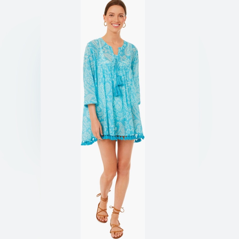 Ro’s garden Light Blue Paisley Tunic Dress Coverup with Tassel Tie